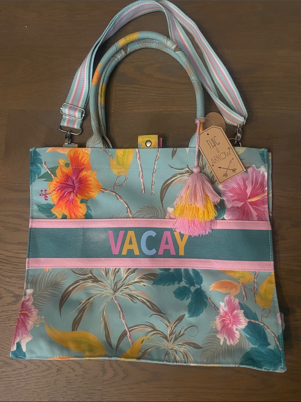 Floral Tote Bag in Aqua & Pink with Tassel Accent